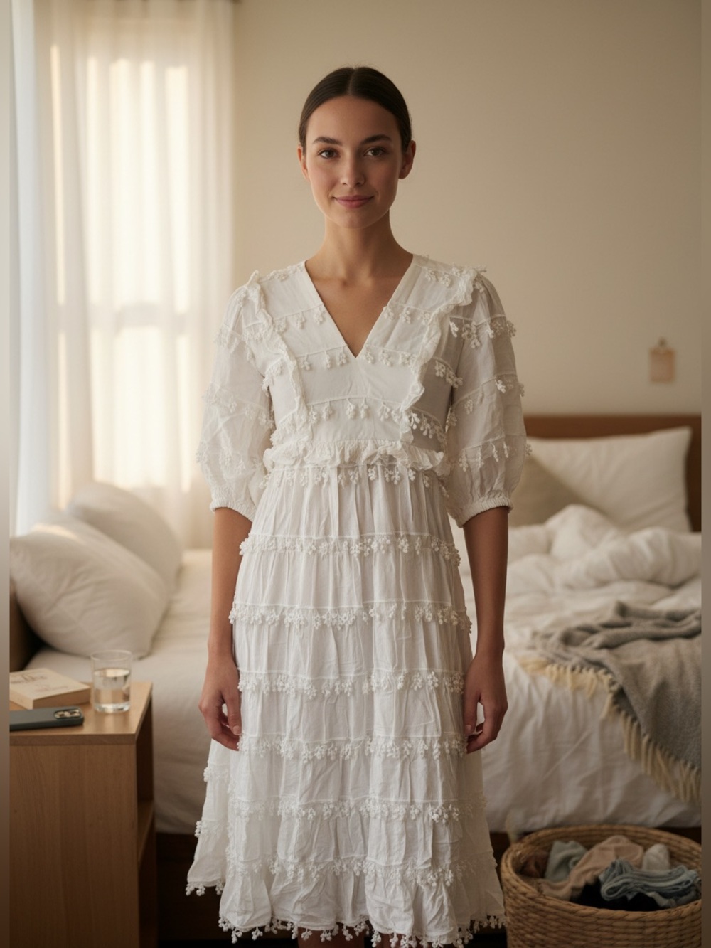 FARM Rio NWT White V-Neck Tiered Embroidered Midi Dress With Lining Sz XS
